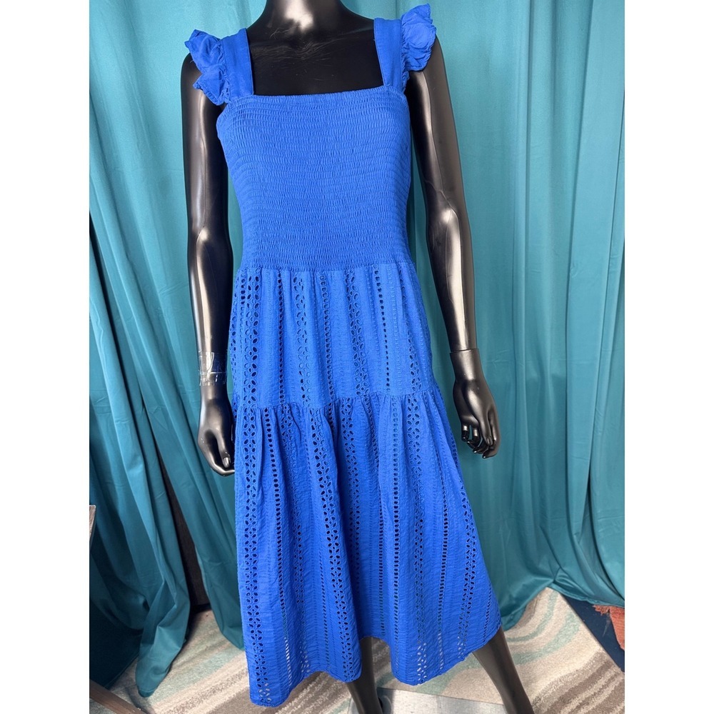Grace+Karma Blue Smocked‎ Eyelet Midi Dress Ruffle Strap XL